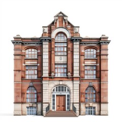 Fototapeta premium Classic brick edifice showcasing arched windows, an ornate facade, and a prominent entrance, exuding timeless architectural charm