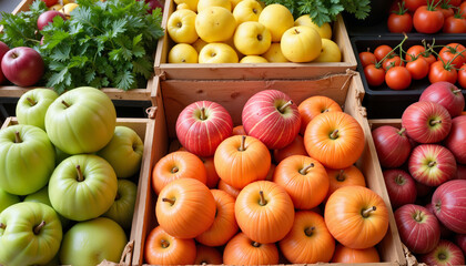 Colorful assortment of fruits and vegetables in wooden crates