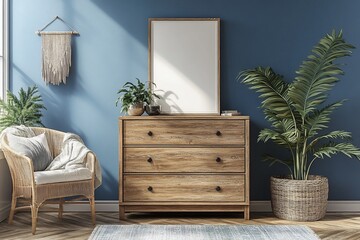 Wooden dresser, plants, chair, and blank frame in a room with blue walls.