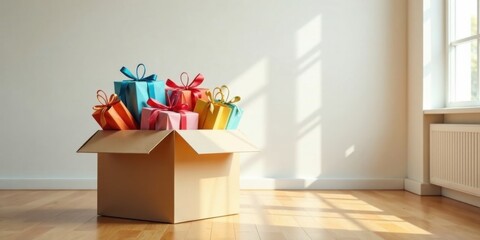 A cardboard box brimming with brightly wrapped presents sits on a light wood floor in a sunlit room