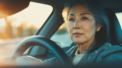Confident asian senior woman driving a car, her face illuminated by warm sunset light, exuding focus and determination, concept of independence and modern lifestyle