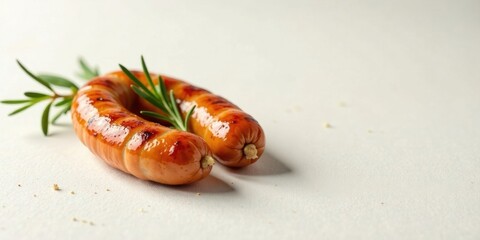 Grilled sausages garnished with fresh rosemary sprigs, resting on a plain white surface, ideal for culinary or food blog backgrounds