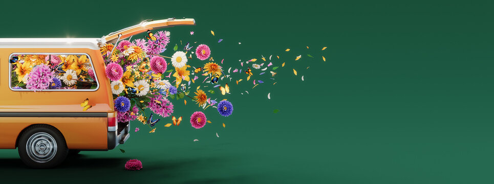 Orange van full of colorful spring flowers on green background with copy space. Spring is here concept design. 3D Rendering, 3D Illustration	