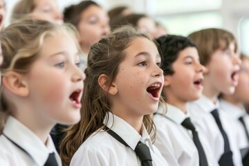 Elementary school choir students singing during music lesson