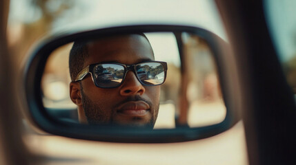 Checking rearview mirrors for safety before driving on a sunny day