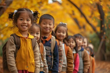 Diverse group of cheerful students wearing backpacks standing in line in autumn park