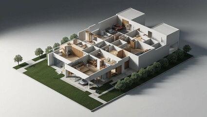 3D model of a house in isometric view with architectural design, showing a city street, building structure, and interior details