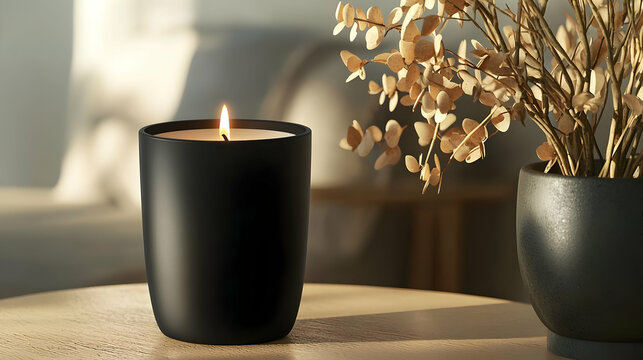 A luxury candle mockup in an elegant matte black jar, designed to showcase minimalist luxury for home decor products.