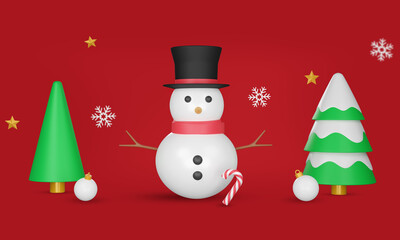 Merry christmas and happy new year with tree, snowflakes, snowman, balls on red background.