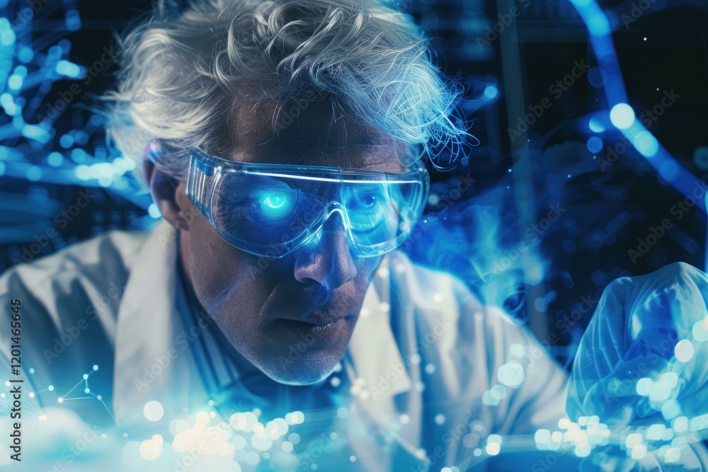Poster scientist wearing futuristic goggles working with holographic interface analyzing data in a high tec