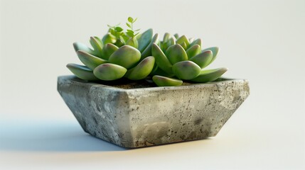 A small succulent planter made of concrete with sharp, clean edges. The vibrant green leaves pop against the white background.