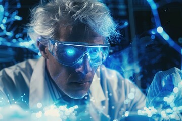 Scientist wearing futuristic goggles working with holographic interface analyzing data in a high tech laboratory