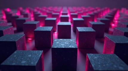 Obraz premium Illuminated Cubes A Geometric Abstract Pattern of Textured Blocks with Pink Neon Lighting