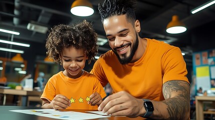 Happy father and son crafting together at a daycare