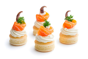 Canapes with red salmon and cream cheese isolated on white background