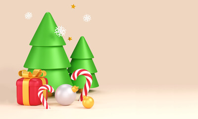 Merry christmas tree with decorative gift box and balls. Christmas background