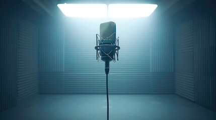 A minimalist music show set in studio with a vintage hanging microphone suspended from the ceiling on a white background.