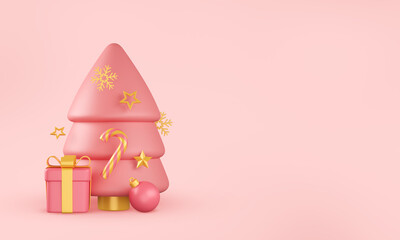 Merry christmas tree with gift box and balls. Happy new year background, 3d merry christmas