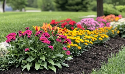 Brightly colored spring flowers bloom in a garden bed