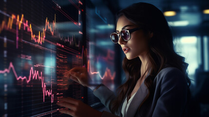 A business woman using augmented reality glasses to view holographic financial charts, futuristic office environment, glowing tech interface, dynamic lighting