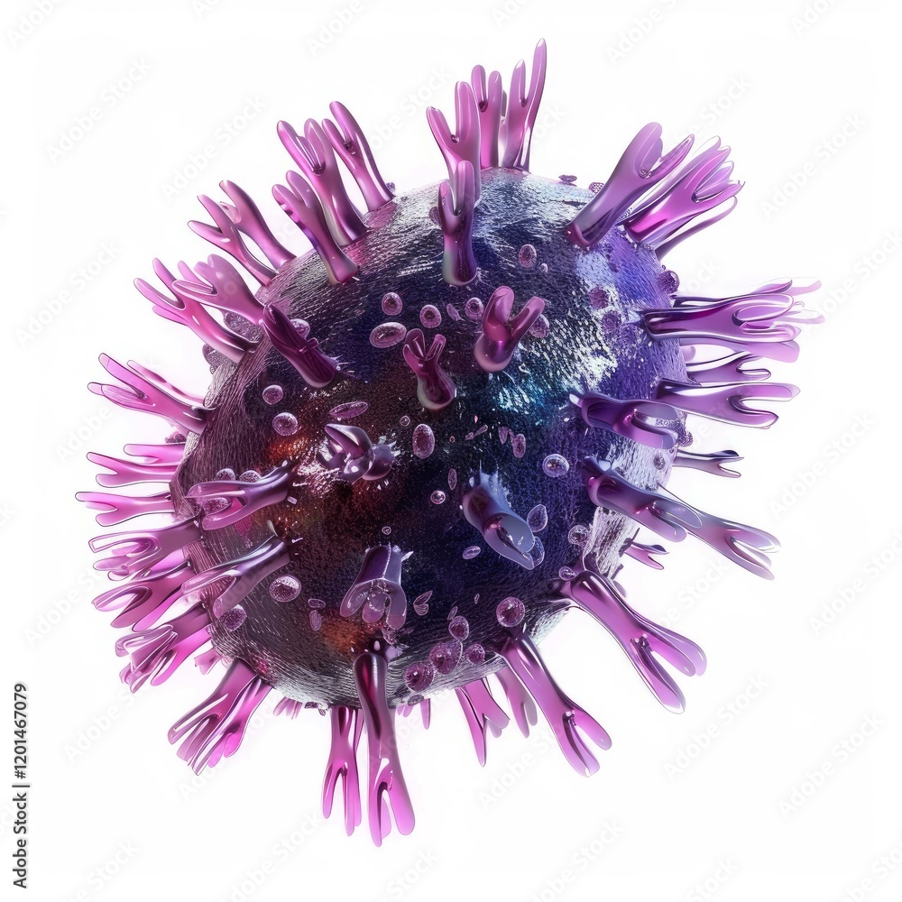 Poster detailed 3d rendering of a virus, highlighting its complex surface proteins and internal structure