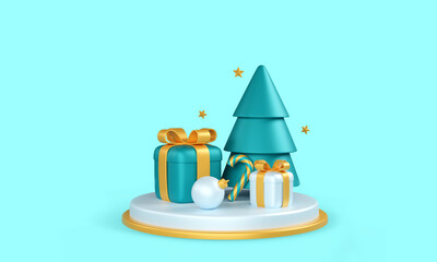 Merry christmas with gift box and tree. Christmas Podium
