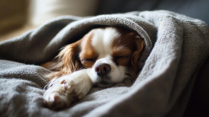 Cavalier King Charles Spaniel sleeping peacefully under a cozy blanket in a warm living room setting during the afternoon