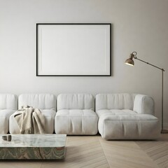 minimalist living room bathed in natural light from a large window. Frame mockup, Living room wall poster mockup. Interior mockup with house background. Modern interior design. 