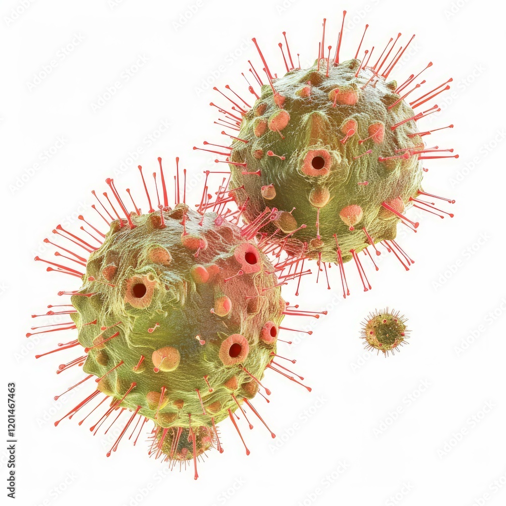 Poster detailed 3d rendering of virus particles illustrates their structure with surface proteins and pores