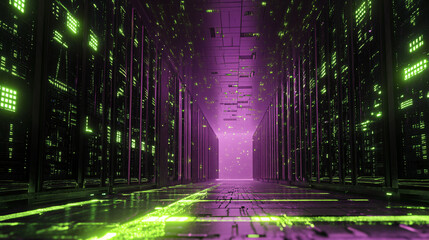 Futuristic digital render decentralized storage systems deep purple illuminated glowing neon green light advanced server setup cutting-edge data visualization cybernetic aesthetics dot net cube web