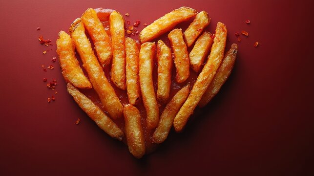 Crispy fries arranged in a heart shape, a playful representation of affection and happiness for food lovers.