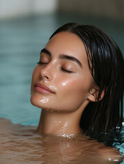 Naklejka premium Woman relaxing in serene water setting near sunset