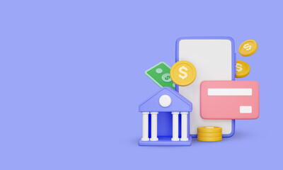 Online payment, Online Banking, Bank coins with paper currency and credit card