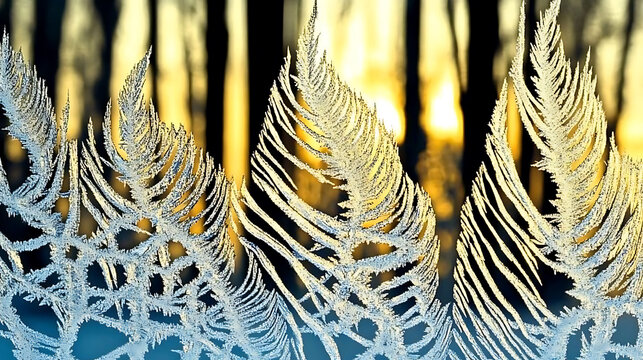 Stunning frost patterns on a windowpane, backlit by a warm sunset.