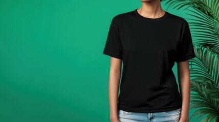 Fototapeta premium A model wears a black t-shirt and jeans against a vibrant green background, complemented by a lush plant, showcasing a casual fashion style.