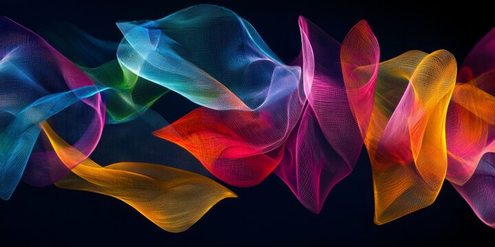 abstract colorful waves and parabolas on a minimalist black background