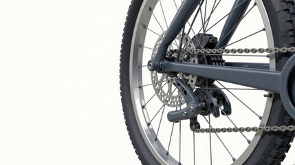Close-up view of a bicycle's rear wheel, showcasing the intricate details of the disc brake system, chain, and derailleur mechanism against a clean white background
