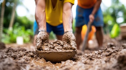Fototapeta premium Masons skillfully applying mortar on a vibrant construction site