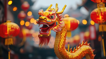 Obraz premium A vibrant dragon statue stands amidst colorful lanterns, symbolizing celebration and culture in a festive setting, Chinese-Lunar New year.