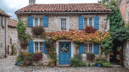Charming stone cottage adorned with colorful flowers and blue shutters in a picturesque village setting