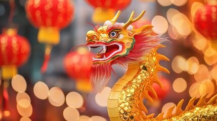 Fototapeta premium A vibrant golden dragon decoration illuminated by red lanterns, symbolizing prosperity and celebration, set against a blurred festive background, Chinese-Lunar New year.