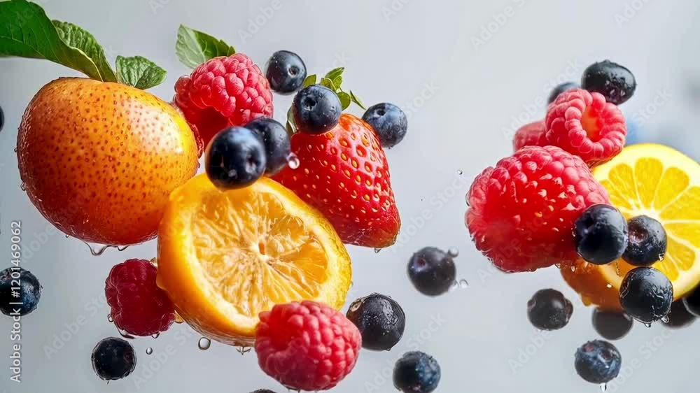 Poster an array of colorful fruits including strawberries, raspberries, and blueberries bursts into the air