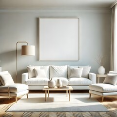 minimalist living room bathed in natural light from a large window. Frame mockup, Living room wall poster mockup. Interior mockup with house background. Modern interior design. 