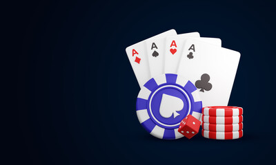 Plying card with poker chips and token dices 3D. Casino Design with side space, Gambling, Plying cards, Casino design