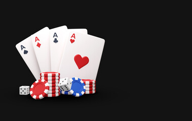 3d render falling Poker chips and playing cards in the air. Online gambling