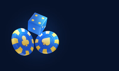 Realistic Blue gold poker chips with token dices 3D. Casino design, Gambling, Poker chips and plying cards, Jackpot Winner