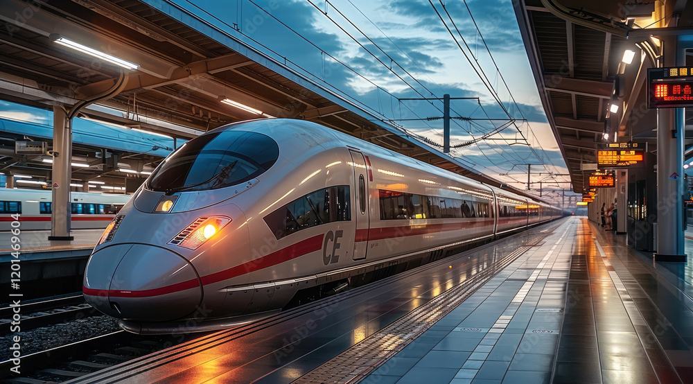 Poster high speed trains, with silver and red exterior color schemes, stop at the station platform. the bac