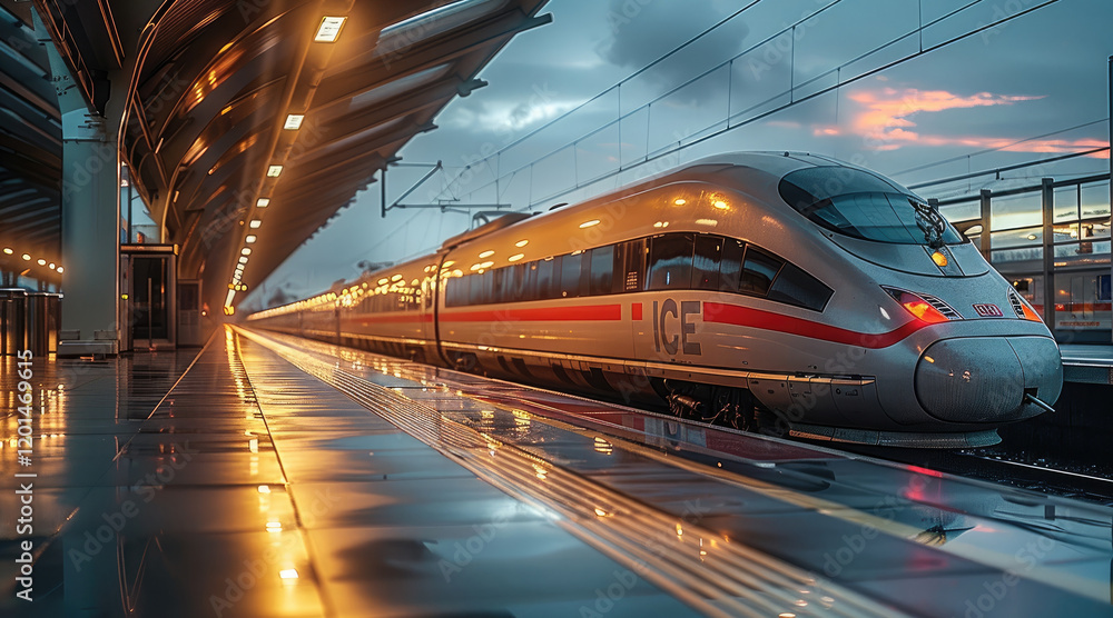 Poster high speed trains, with silver and red exterior color schemes, stop at the station platform. the bac