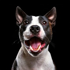 A comical black and white bull terrier mid-air, attempting to catch a tiny dog treat with its mouth wide open, showcasing its funny expression against a black background.