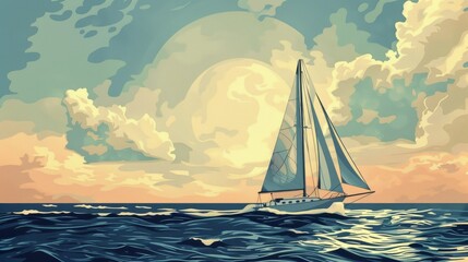 Naklejka premium A serene sailboat glides across calm waters under a vibrant sunset sky filled with clouds.